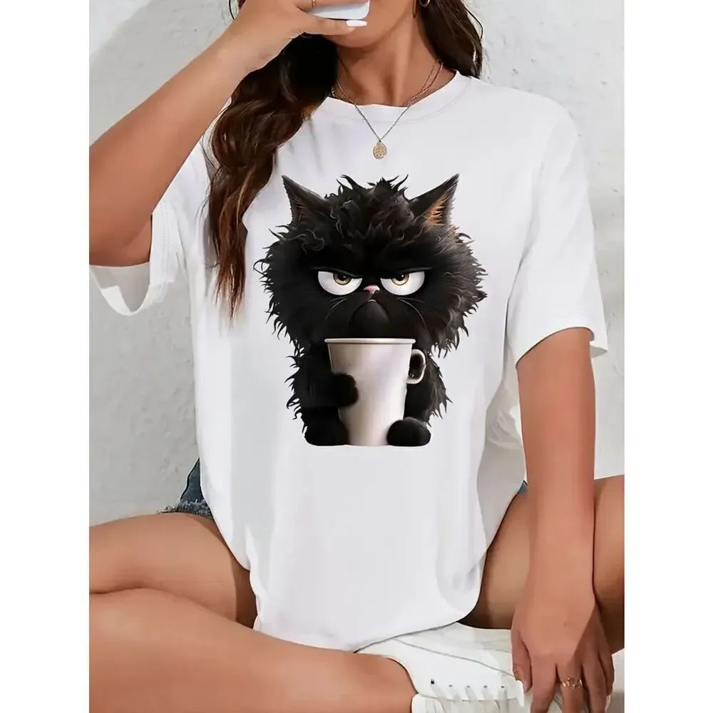New M (L-XL)Oversized White Angry Black Cat Drinking Coffee Short Sleeve T Shirt